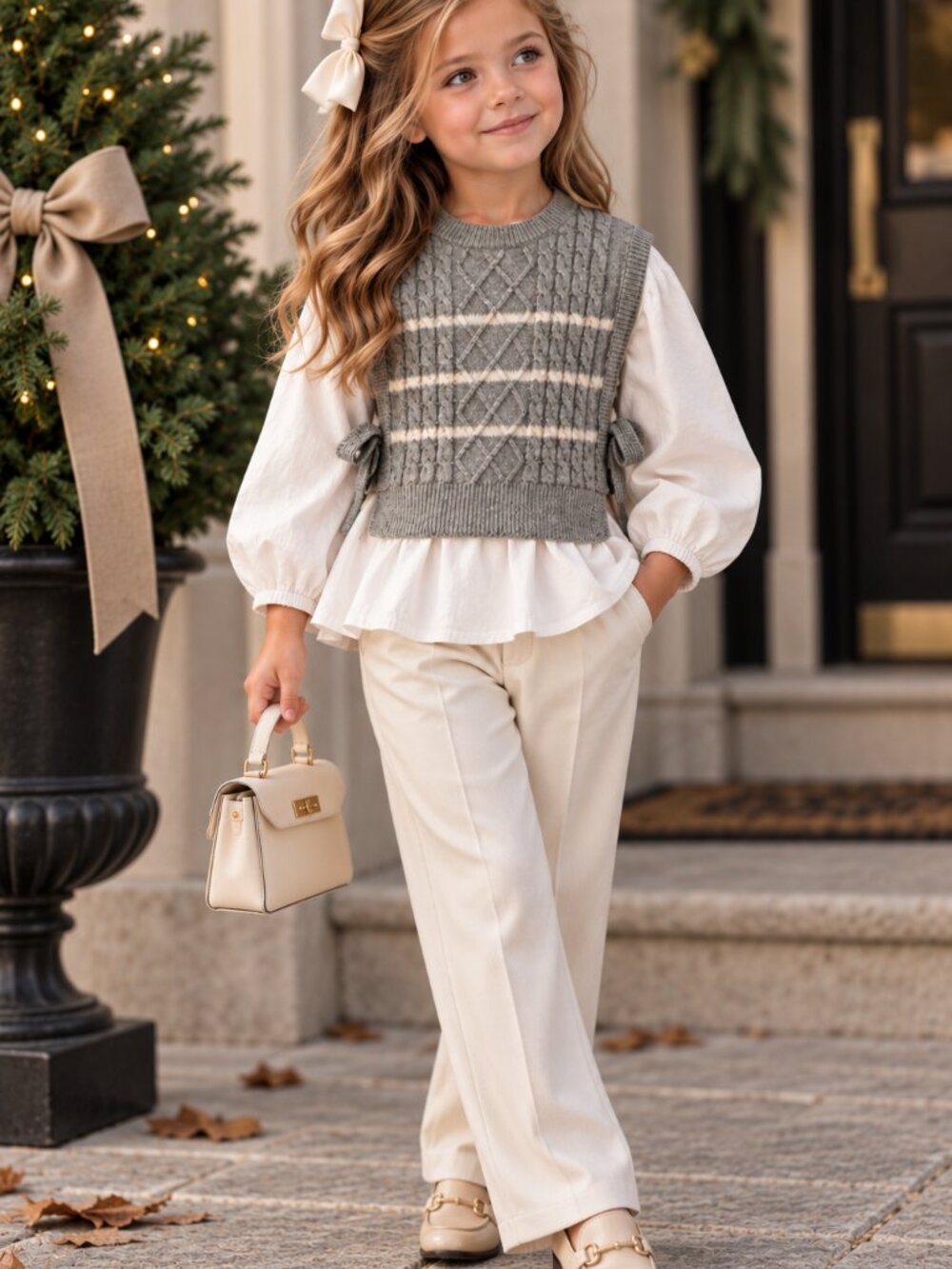 Zara Girls 2-in-1 Gray Knit Sweater Vest White Blouse Top 3-4Y